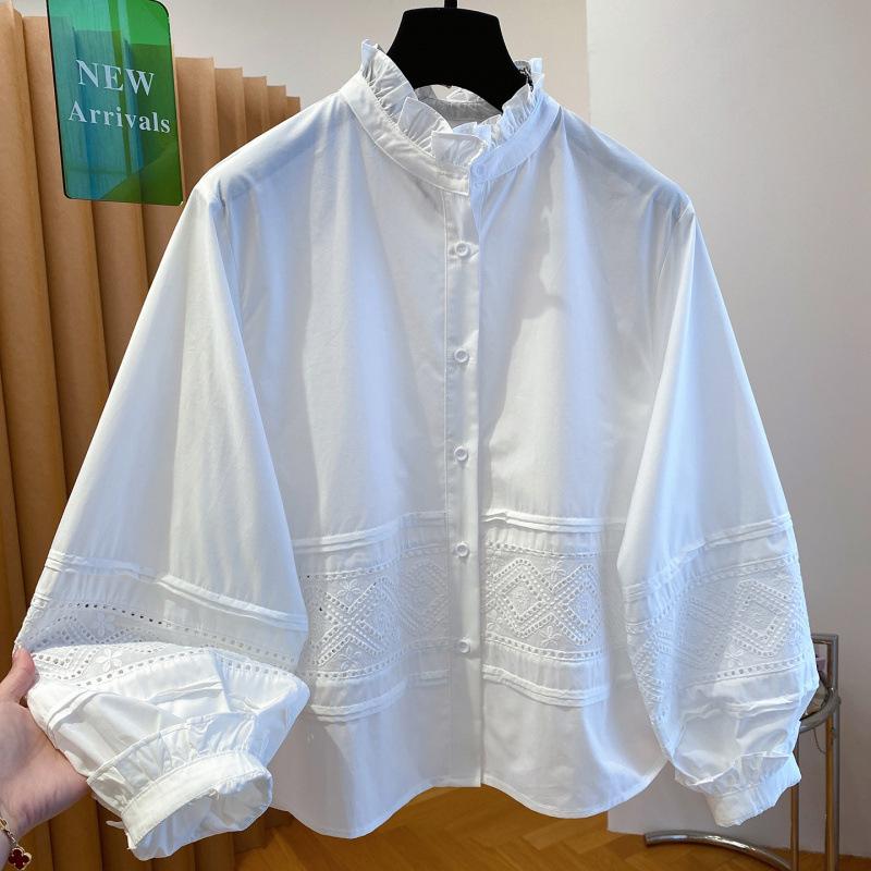 Japanese and Korean fungus edge stand-up collar shirt women's long sleeves 1116 new loose foreign crochet hollow top spring