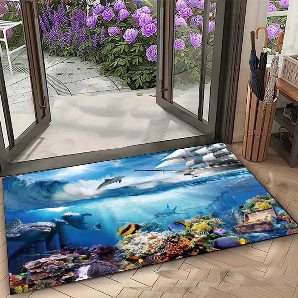 Lebendiger Meeresleben Fußmatte mit Meeresschildkröten und tropischen Fischen Rutschfester Boden Teppich für Eingang Heim Dekorative Matte