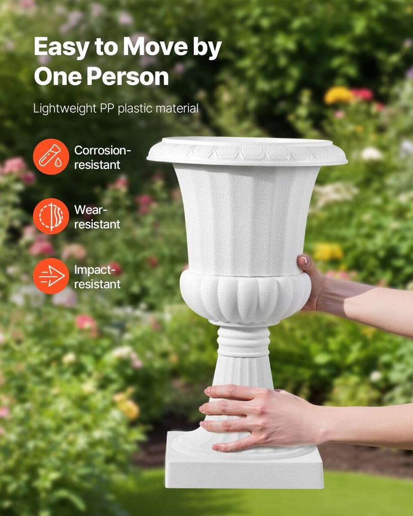 Jardinières Urne en Plastique, 25 x 42 cm, Lot de 2 Pots à Fleurs Classiques Blancs Jardinières de Porche, Vase Intérieur et Extérieur pour Mariage, Fête, Événement, Maison, Scène,