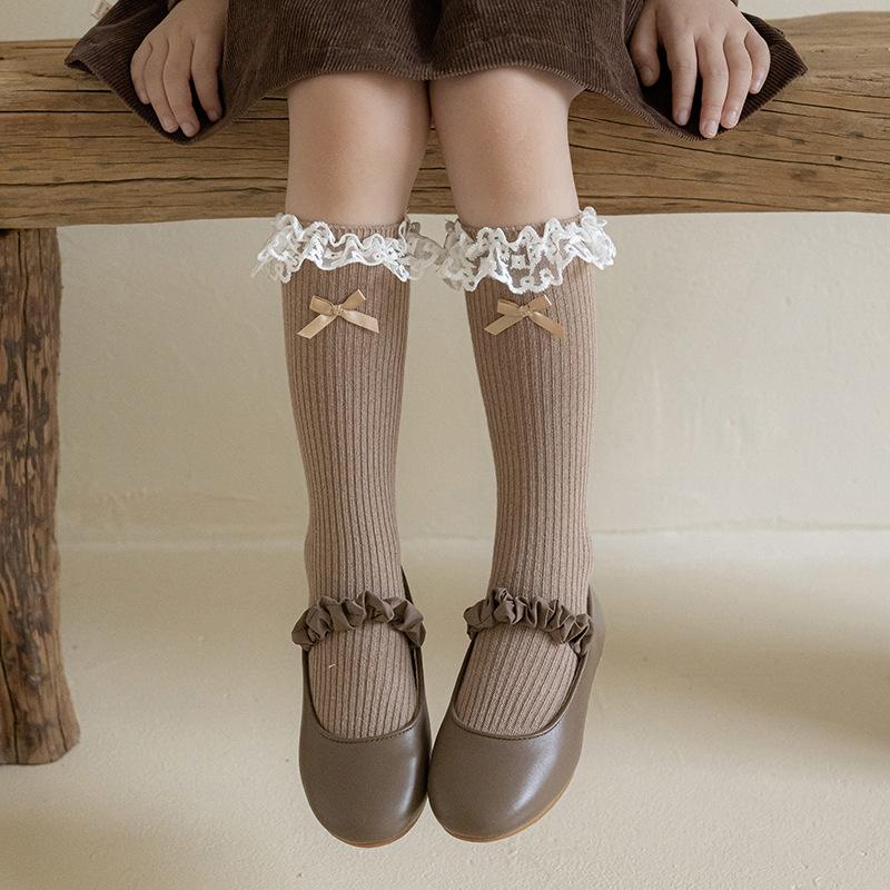 Girls' Tube Socks Japanese Lolita Lace Bow Pile Pile Socks Ballet Style Double Needle Children's Cotton Socks