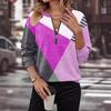Autumn and Winter Color Blocked Loose Zipper Long Sleeved V-neck Sweatshirt for Women
