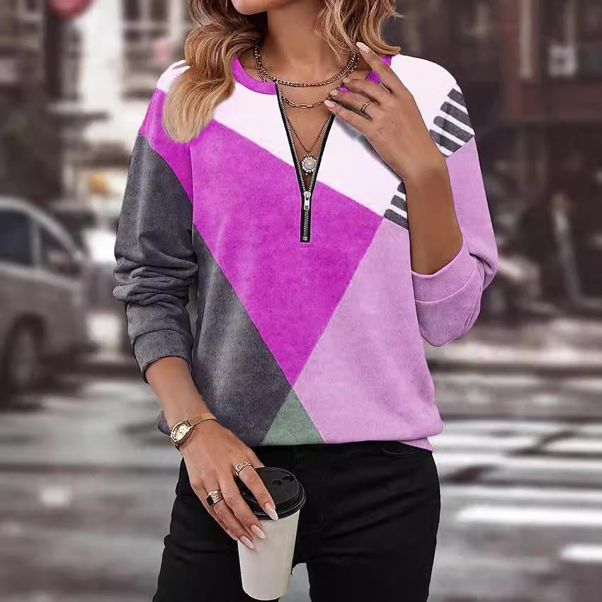 Autumn and Winter Color Blocked Loose Zipper Long Sleeved V-neck Sweatshirt for Women