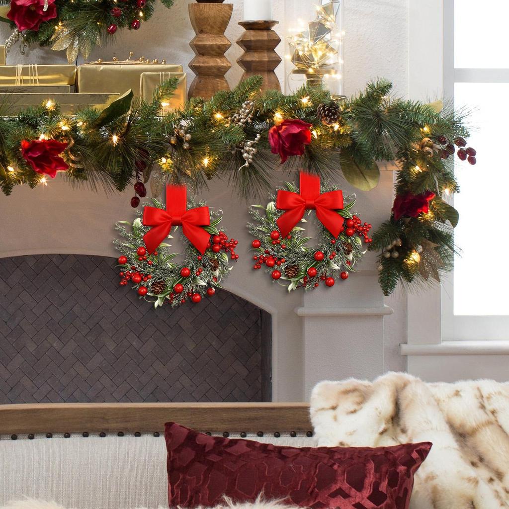 Wreath Decorations Bow Tie Festive Small Christmas Front Door Garland for Wall Mantle Kitchen Home Outdoor Indoor Holiday Winter