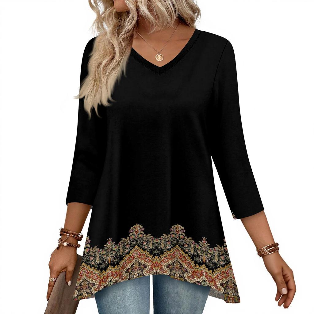 Womens Tops V-neck 3/4 Sleeve Blouses Casual Mid-length Shirts Fashion Print Tunic Tops