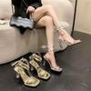 High-heeled single shoes open-toed thick-heeled sandals women's one-word straps European and American lace-up super high-heeled crossed Roman sandals