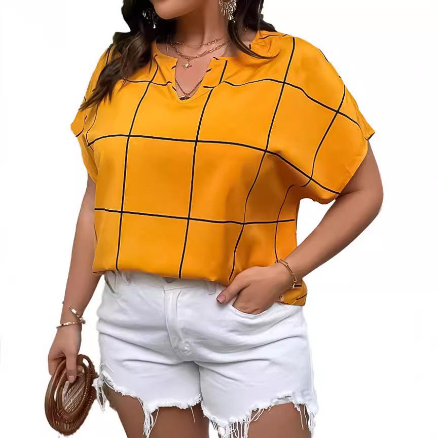 

Літня жіноча футболка великого розміру Футболка в клітку з принтом Сорочка з коротким рукавом Жіночі топи з коміром без кута з рукавом «летюча миша» 5XL жовтий