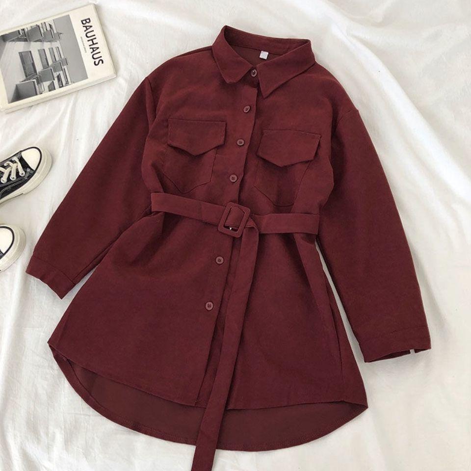 Women's Corduroy Belted Single-Breasted Shirt Dress - Chic Korean Style, Loose Mid-Length for Spring/Autumn 2025