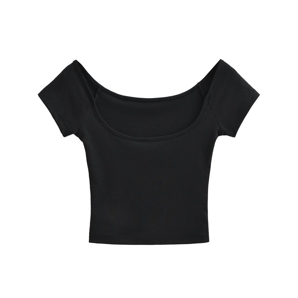Big U-neck short-sleeved T-shirt women's summer new American Spice Girl style solid color casual inner short bottoming top