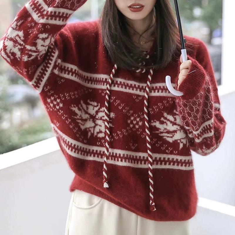 Vintage Christmas red top autumn and winter new lazy wind loose soft waxy knitted hoodie sweater women