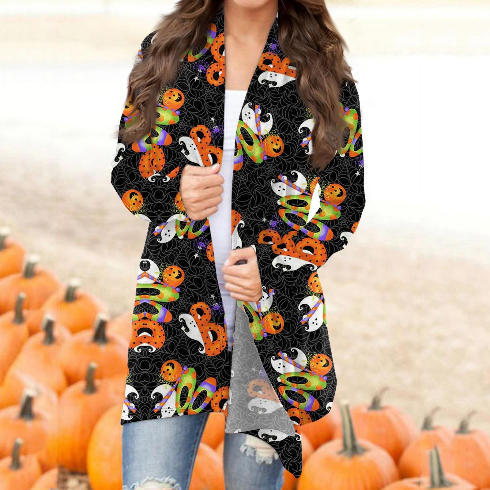 

Женская мода повседневная Хэллоуин принтованный длинный рукав кардиган средней длины топы XL
