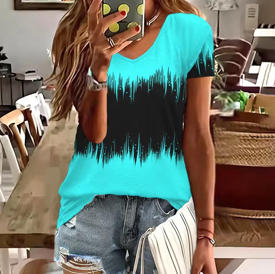 Fashion women's T-shirt striped printing gradient V-neck short-sleeved streetwear summer clothing women's T-shirt