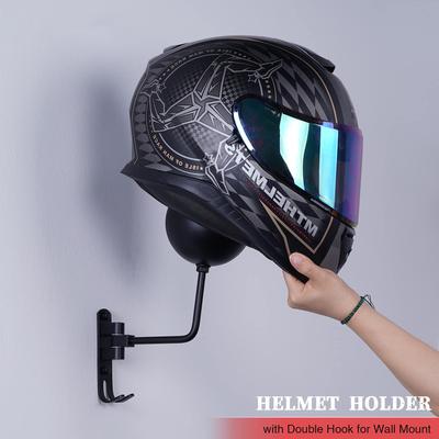 Motorcycle Helmet Wall Mount Holder - 180 Degree Rotating Rack with Hooks for Bike, Baseball, Cycling, Ski Helmets Storage