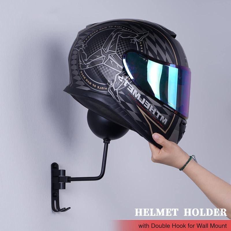 Motorcycle Helmet Wall Mount Holder - 180 Degree Rotating Rack with Hooks for Bike, Baseball, Cycling, Ski Helmets Storage