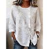 Women's Crew Neck Three Quarter Sleeve Top Loose Fit Floral Embroidery Drawstring Casual Blouse