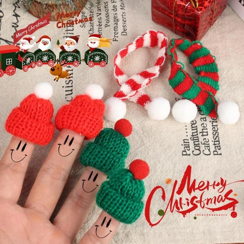 10/50PCS Mini Knitted Santa Hat Scarf Red Christmas Doll Accessories Wine Bottle Cover DIY Craft Xmas Tree Holiday Decoration