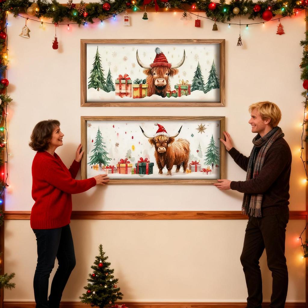 2PCS Christmas Highland Cow Picture Farmhouse Wall Decoration Rustic Wood Print Cow Art Wall Decor Christmas Decoration