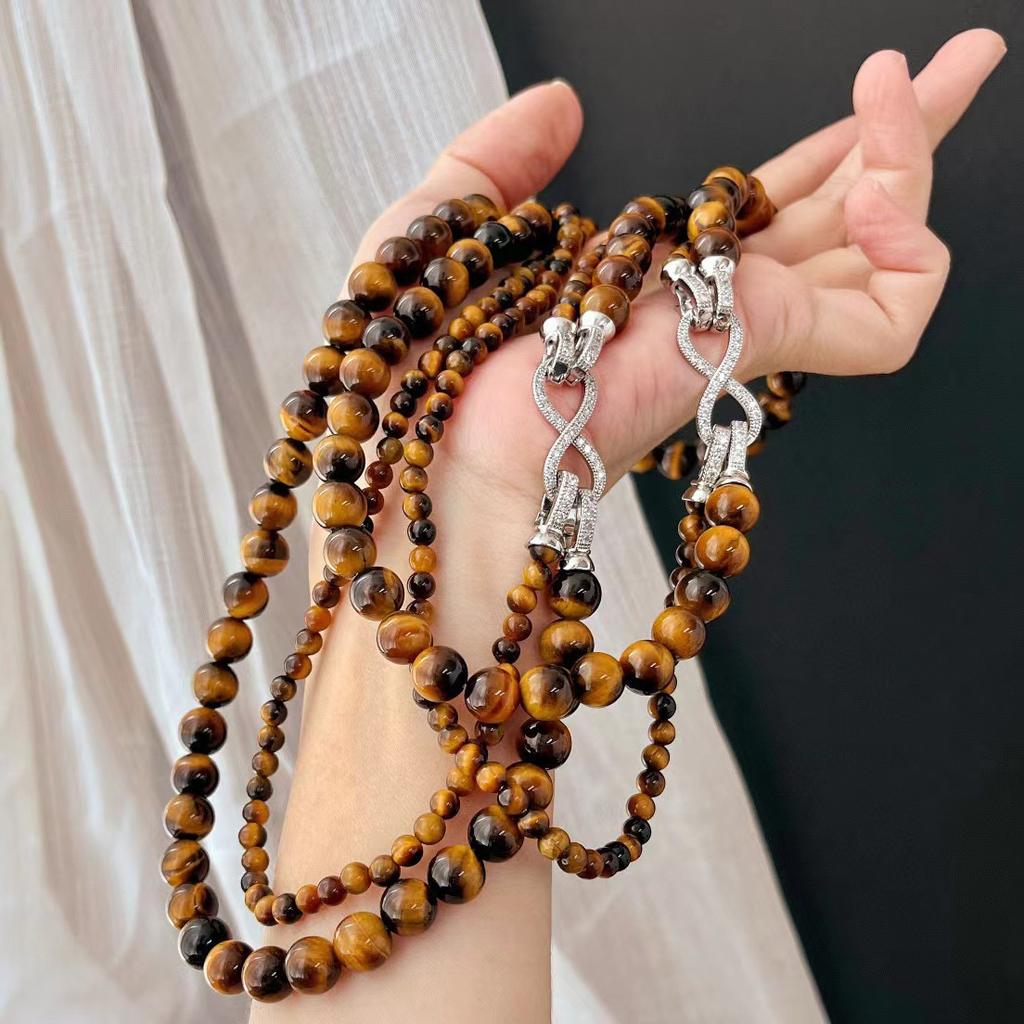 Vintage Maillard Wind Autumn And Winter Natural Tiger'S Eye Stone Double-Layer Multi-Wearing High-End Necklace Sweater Chain