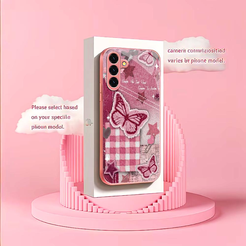 Star and Butterfly Pattern Madam Pink Glass PhoneCase for Samsung Galaxy S26 S25 S24 S23 S22 S21 FE Ultra Plus Dropresistant