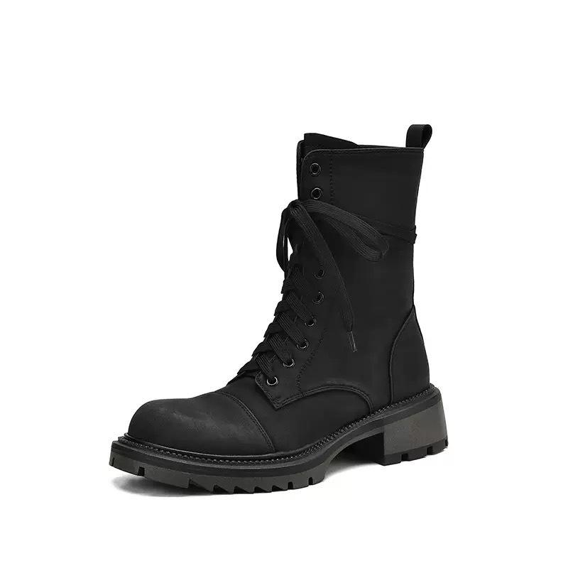 

Женские мотоботы средней высоты из овчины в стиле ретро на толстом каблуке на шнуровке, кожаные ботинки высокого класса, нишевый дизайн, ботинки Мартина на толстой подошве 40