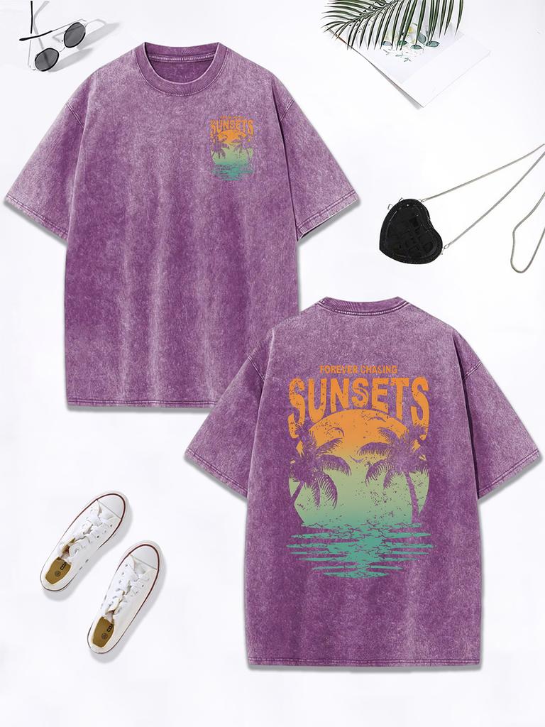 Forever Chasing Sunsets Coconut Tree Prints Washed TShirt Women Cotton Oversized Tops ONeck Distressed T Shirt Casual Clothes