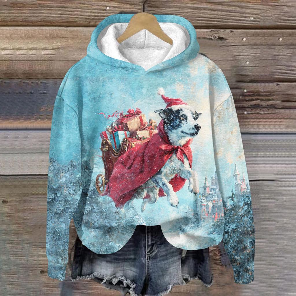 Women's Fashion Long Sleeve Christmas Print Loose Hooded Sweatshirt Top