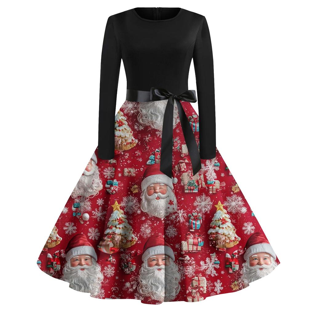 Robes de soirée imprimées de Noël à manches longues et col rond pour femmes