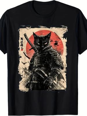 T-shirt Unisexe Graphique Chat Samouraï Japonais Vintage Style Anime Art Guerrier Tee