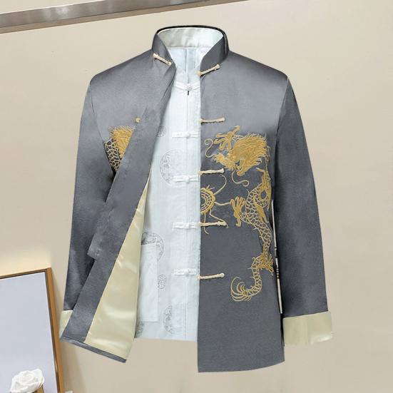 Men Fall Spring Shirt Dragon Embroidery Vinatge Chinese Style Stand Collar Color Matching
