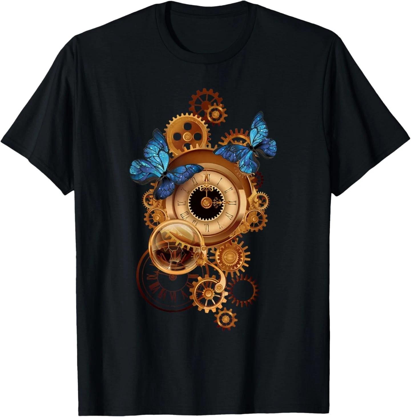 

Steampunk Clock Gear and Butterflies Vintage Retro Aesthetic T-Shirt 2XL