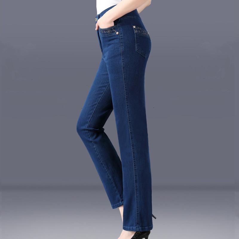 

Джинсы-оверсайз для мам с карманами с вышивкой Spring, свободные прямые брюки с высокой талией, женские повседневные джинсовые брюки 38 средний синий