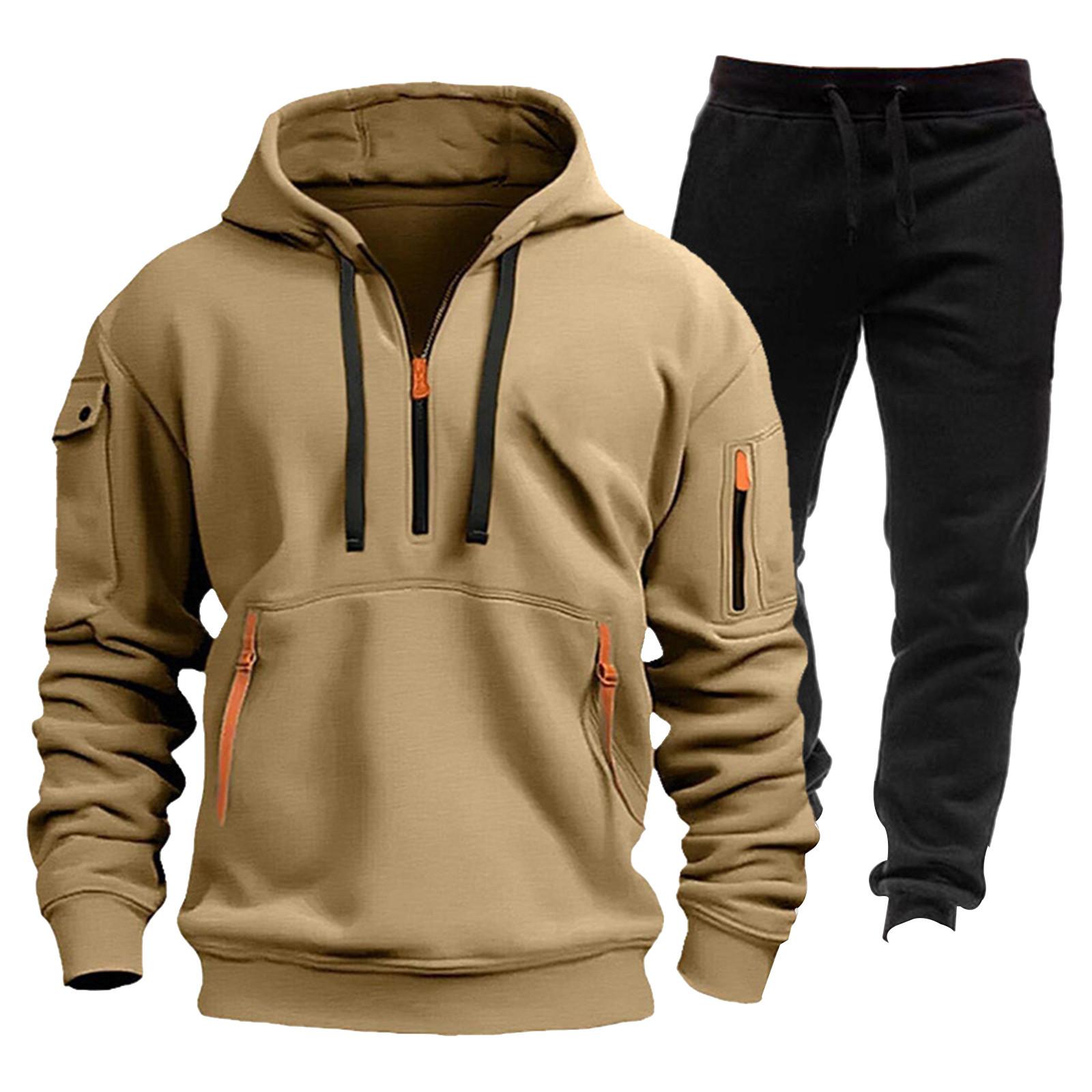 

Men s Winter Fleece Multi-pocket Zipper Sweatshirt Suit Personalized Casual Hoodie Suit L хаки