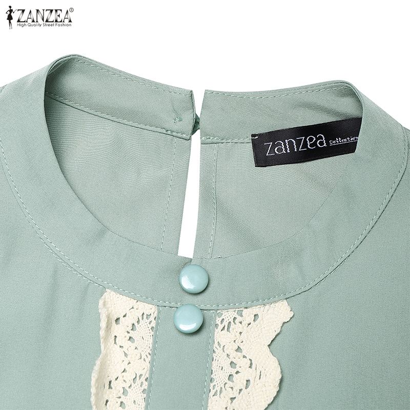 ZANZEA Damen Elegantes Spitze Patchwork Lässiges Stehkragen Ausgestelltes Langes Ärmel Lockeres Kleid