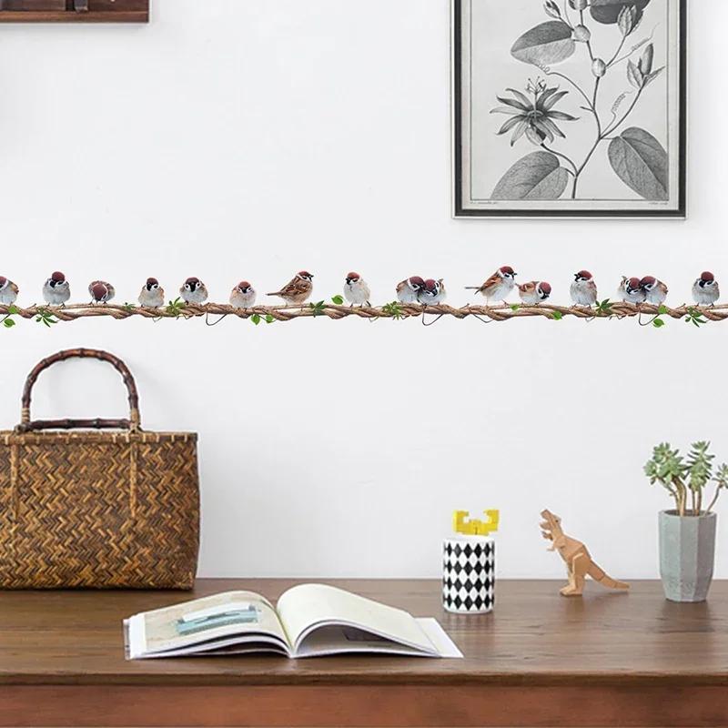 Kreslený Ratanový Pták Nástěnná Samolepka Odnímatelné Nástěnné Nálepky do Dětského Pokoje Řada Ptáků Sedí na Vinné Révě Obývací Pokoj Domácí Dekorace