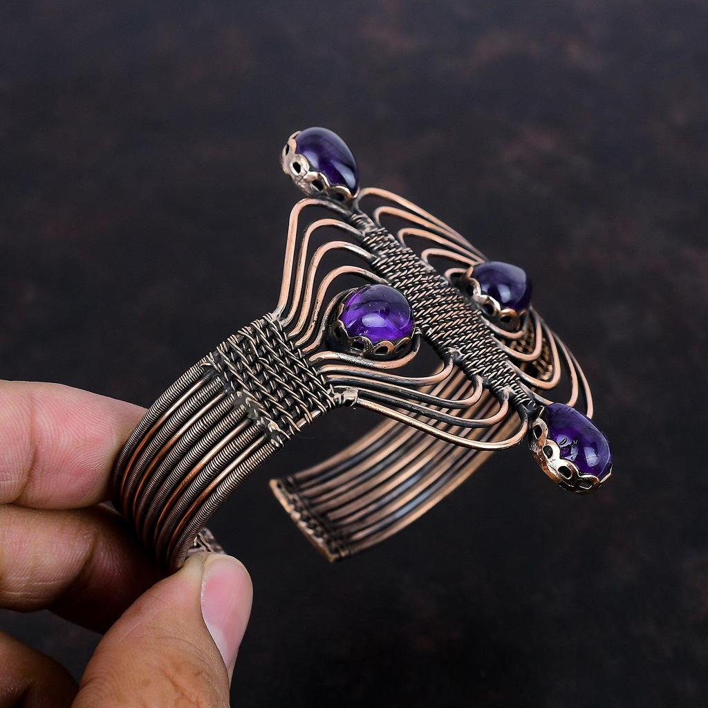 African Amethyst Cuff Bracelet Copper Wire Wrapped Bangle Adjustable Bangle Gemstone Handmade Bangle Elegant Copper Jewelry Engagement Gifts