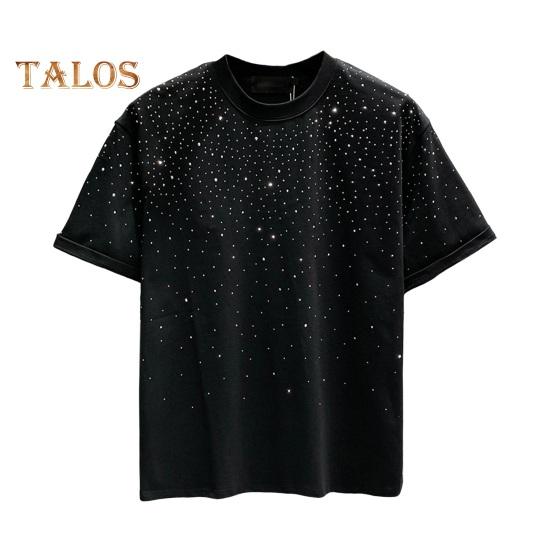 Summer Men T-shirt Rhinestone Decor Round Neck Loose Pure Color Short Sleeves Pullover Casual Mid Length Daily Wear Sport Top