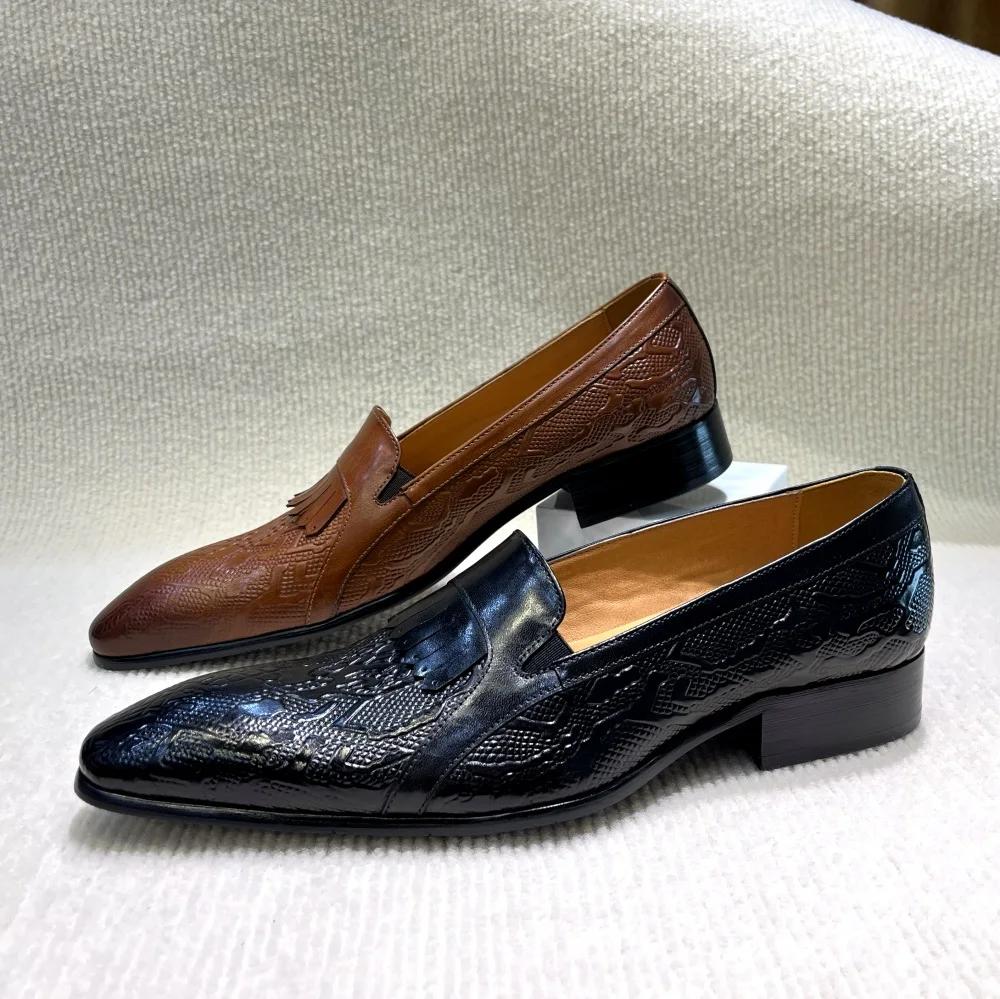 Fashion Men's Genuine Leather Penny Loafers Handmade Tassel Slip-On Dress Shoes for Wedding Banquet Casual Business Footwear