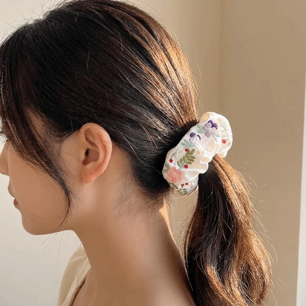 Colorful Embroidery Hair Scrunchies French Style Hair Ropes Elegant Floral Scrunchies  Rubber Bands