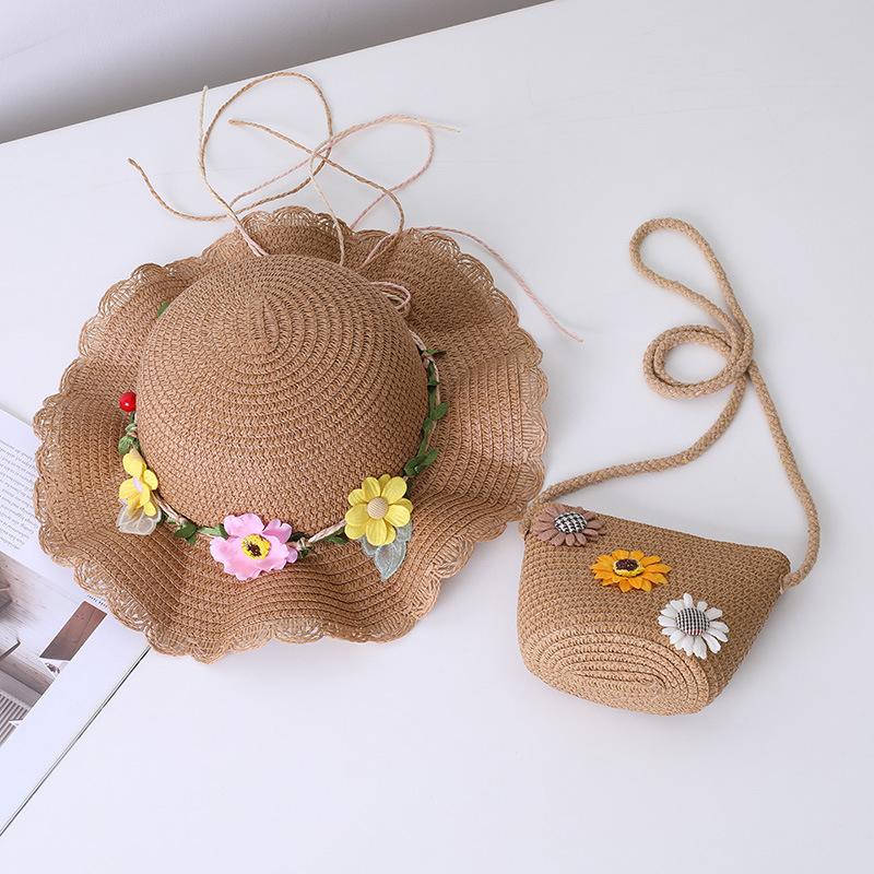 2pcs Suit Cute Children Straw Hat and Shoulder Bag Girls Summer Outdoor Beach Cap Cute Beach Sun Hat Cross Body Bag Bucket Cap