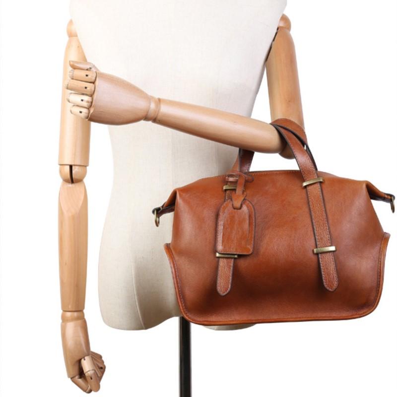 Johnature Vintage Einfarbig Echtleder Handtasche Große Kapazität Boston Damentasche Lässige Schultertaschen