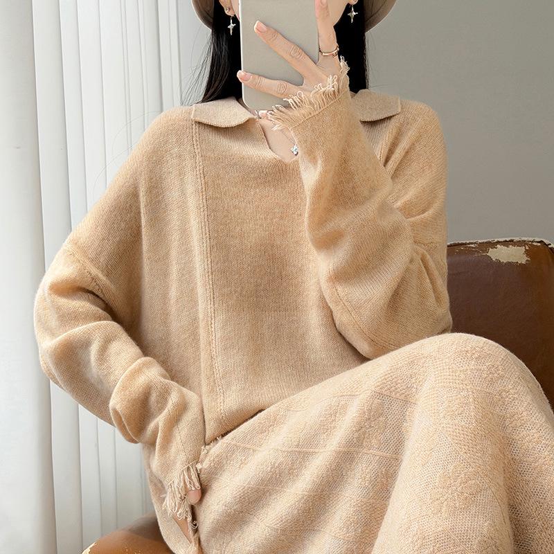 Women's Early Autumn 100% Wool Tassel Lapel Sweater - Stylish Loose Knitwear with Drop Shoulders
