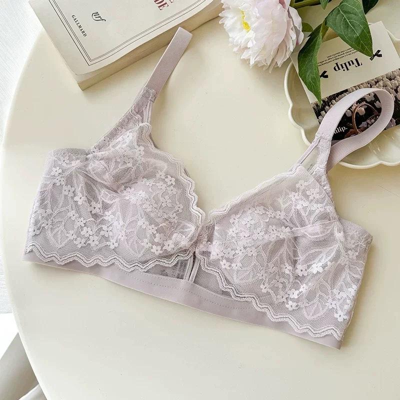 French Lace Crystal Cup Big Chest Small Underwear Women's Summer Thin and Thin Without Steel Ring Collection Sub-breasts Rabbit Ears Cup Bra