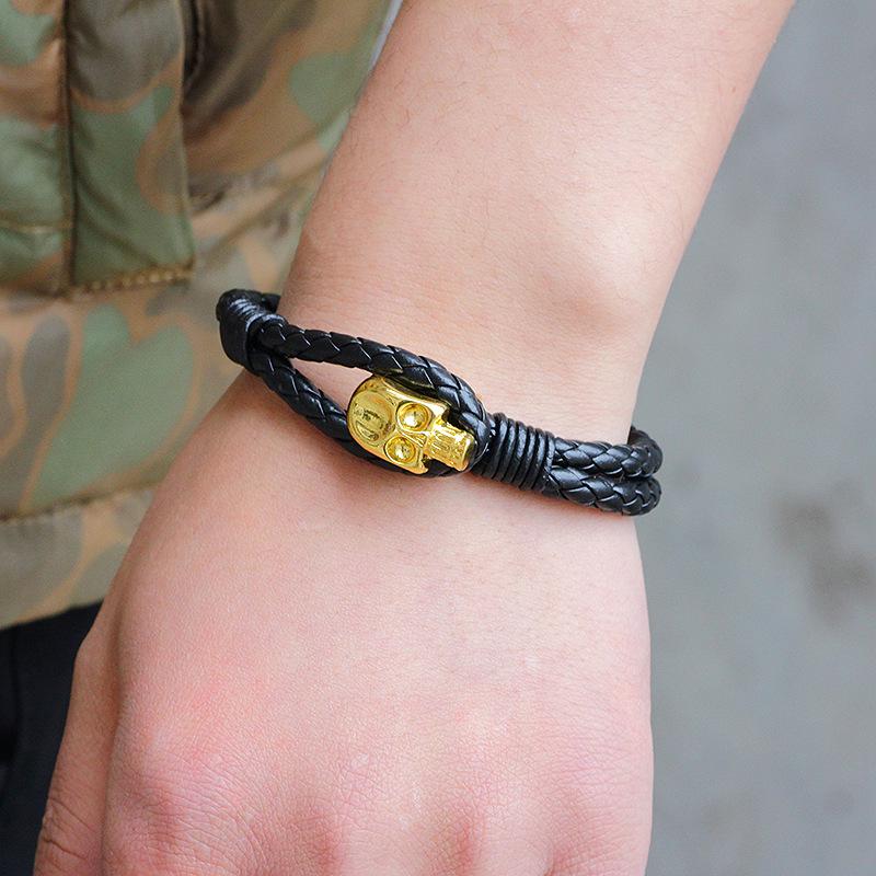Bracelet tissé en cuir à boucle en alliage tête de mort pour homme, très tendance, style européen et américain