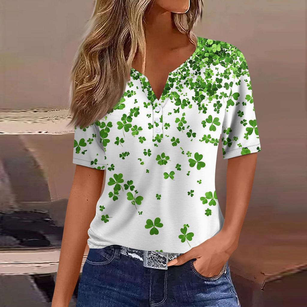 Women's T Shirt Tee Print Button Short Sleeve Daily Weekend Fashion Basic V- Neck Regular Top  St. Patrick's Day