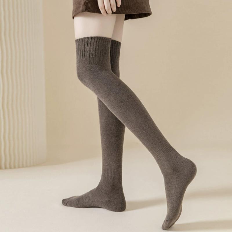 Korean Style Simple Solid Color Plush Thicken Stockings Female Winter Terry Thermal Casual Comfortable Slim-Fit Thigh High Socks