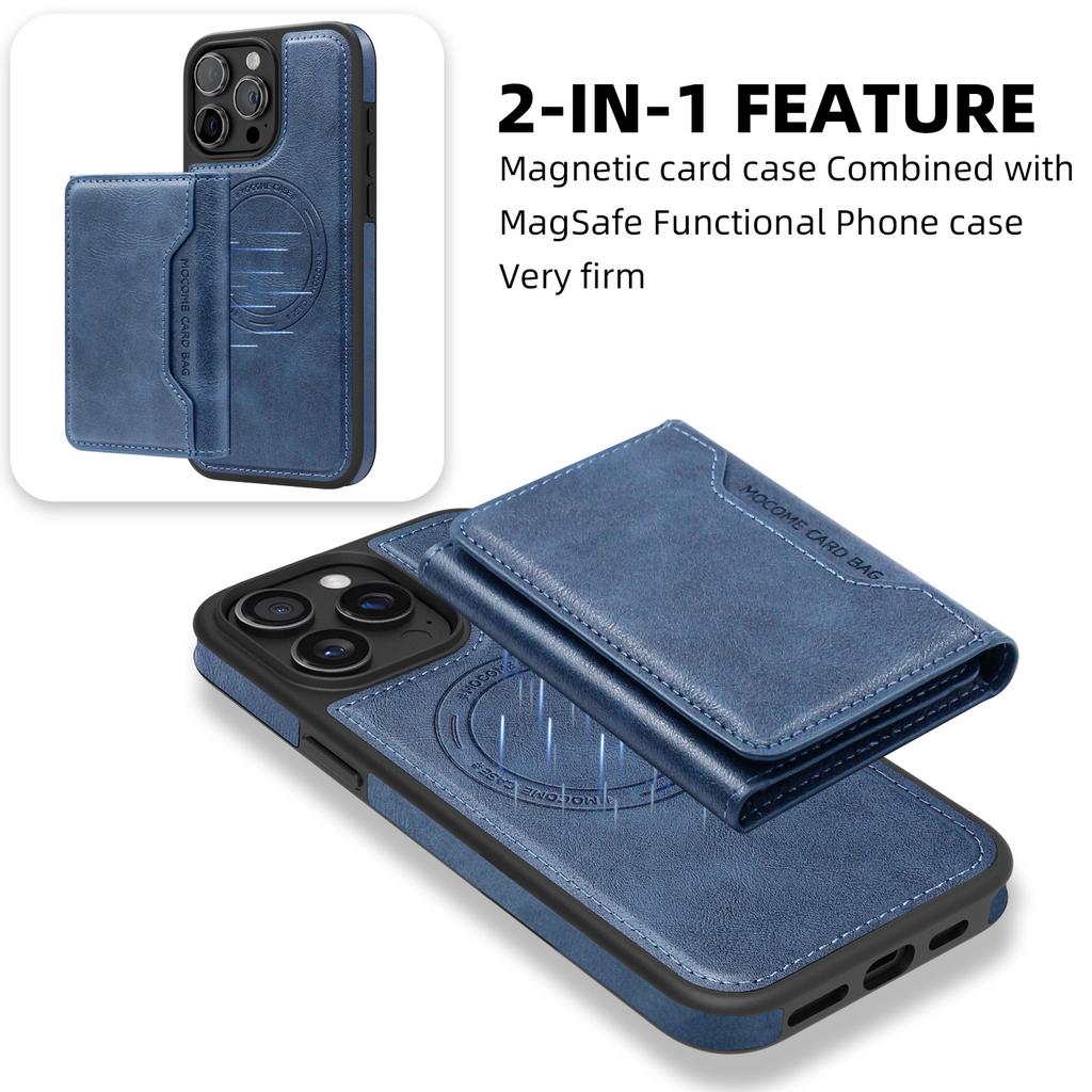 For iPhone 15 Pro Max Magnetic Case Leather Back Phone Cover with Detachable Card Bag