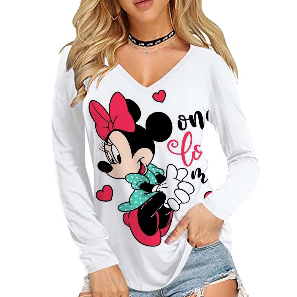 Disney Mickey Mouse Printed Women's Basic Long Sleeve Loose V-neck T-shirt Autumn/Winter 10 Color T-shirt Street Wear