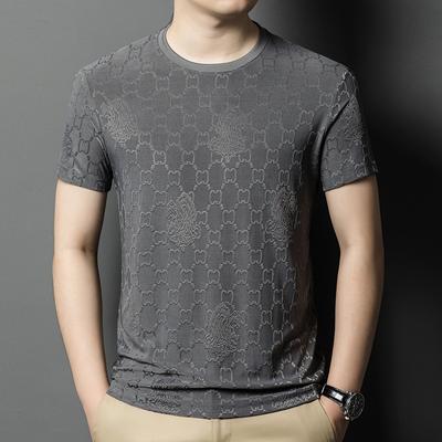 Short-sleeved Men's Thin Ice Silk Jacquard Round Neck Body Shirt Tide Bottoming Knit Shirt Men