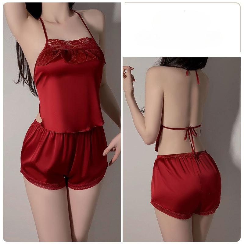 Women’s Satin Halter Lingerie Set Sexy Lace Patchwork Sleepwear Backless Top with Shorts L красный