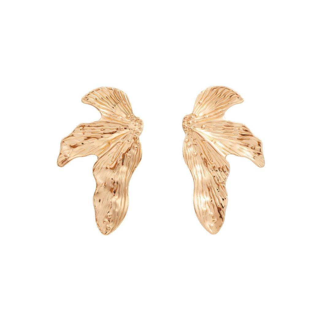 Exaggerated Metal Leaf Texture Earrings: Irregular Pleated High-End Fashion Studs for Women