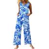 Women's Fashion Casual Button Sleeveless Jumpsuit Floral Flower Print Cotton Pocket Jumpsuit